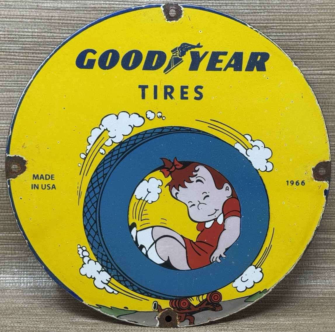 VINTAGE GOODRICH SILVERTOWN TIRES PORCELAIN SIGN GAS OIL DISNEY MICKEY FIRESTONE