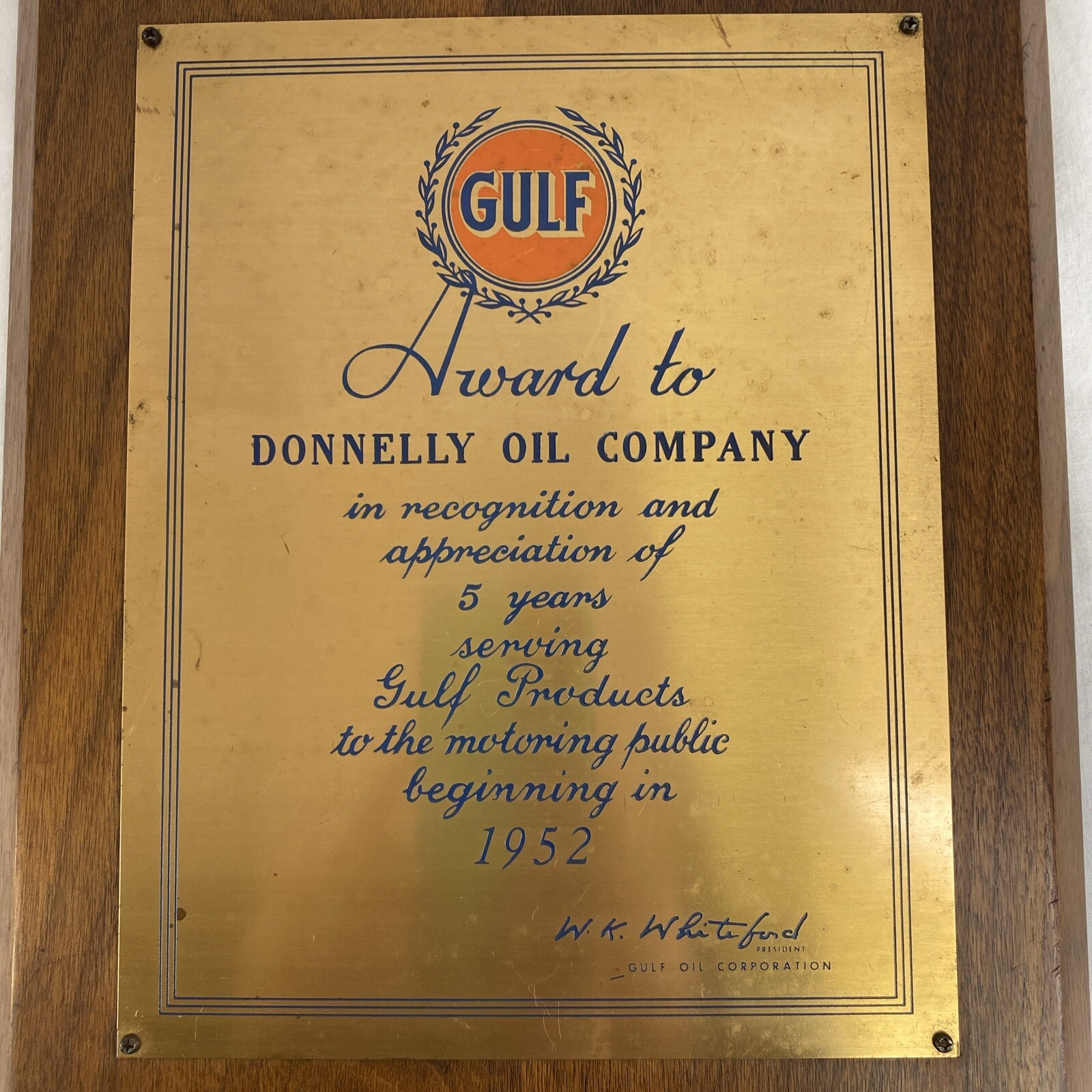 Vintage 1952 Gulf Oil & Gas Award Advertising Plaque Original St Ignance MI