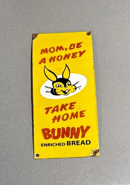 VINTAGE 18” BUNNY BREAD PORCELAIN SIGN CAR GAS TRUCK OIL MOTORCYCLE