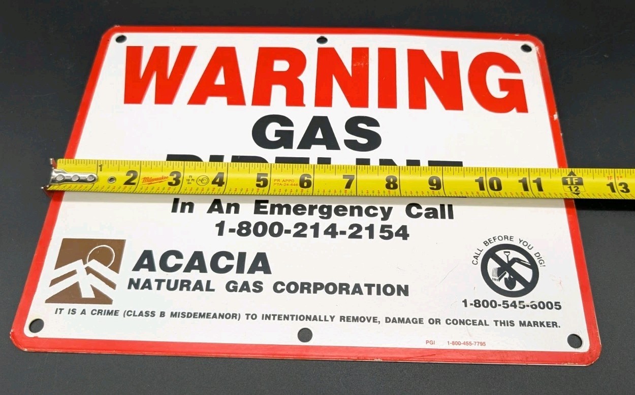 Acacia Gas Pipeline Metal Sign Natural Gas, Red Warning, Double Sided 9×12″
