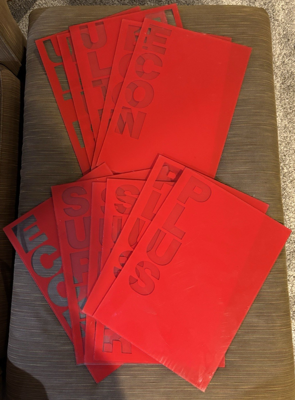 Lot of 11 (Eleven) Vintage Red Plexiglass Gas Station Sign Panels – 15″ x 11″