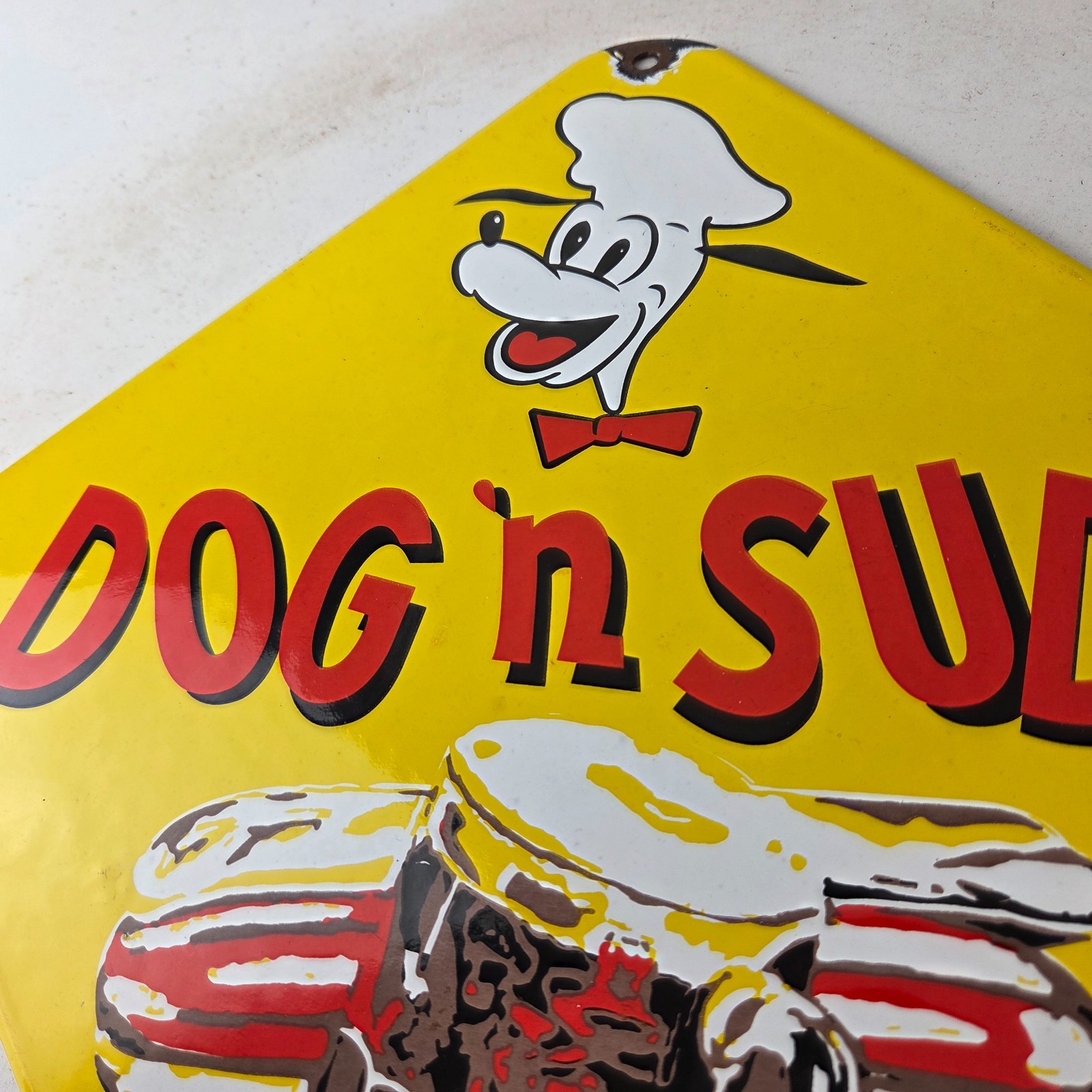 Vintage Dog n Suds Sign – Root Beer Gas Service Station Fast Food Porcelain Sign