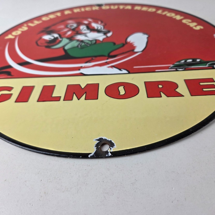 Vintage Gilmore Pump Sign – Porcelain Gasoline Red Lion Service Station Sign
