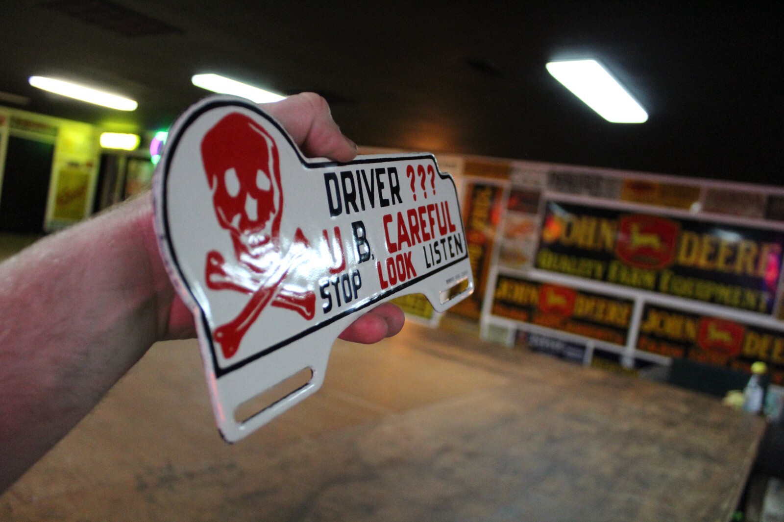 DRIVE U B CAREFUL STOP PORCELAIN METAL PLATE TOPPER SIGN SKULL CROSSBONES GAS