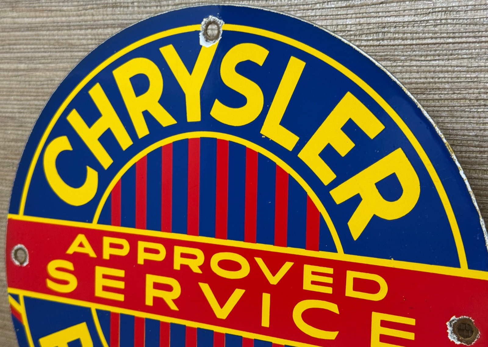 VINTAGE CHRYSLER PORCELAIN SIGN GENERAL MOTORS DEALERSHIP GAS OIL PLYMOUTH MOPAR