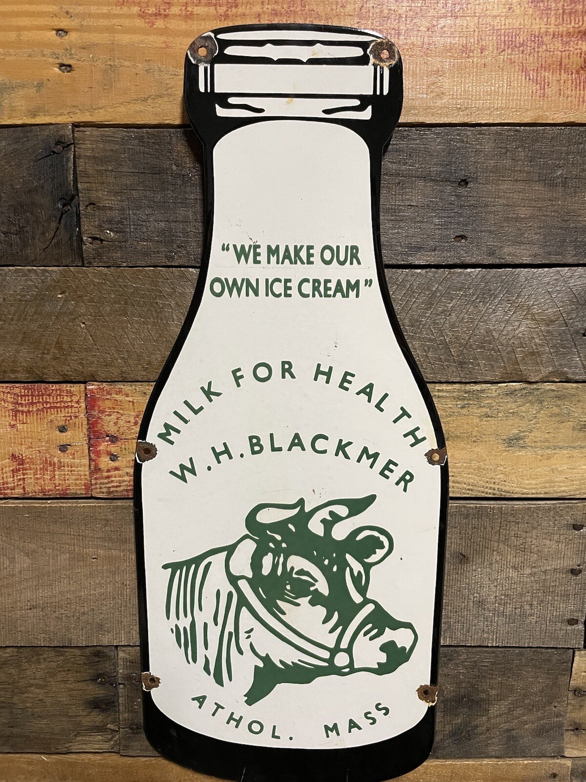 VINTAGE WH BLACKMER PORCELAIN SIGN ICE CREAM DAIRY FARM MILK BOTTLE COW GAS OIL