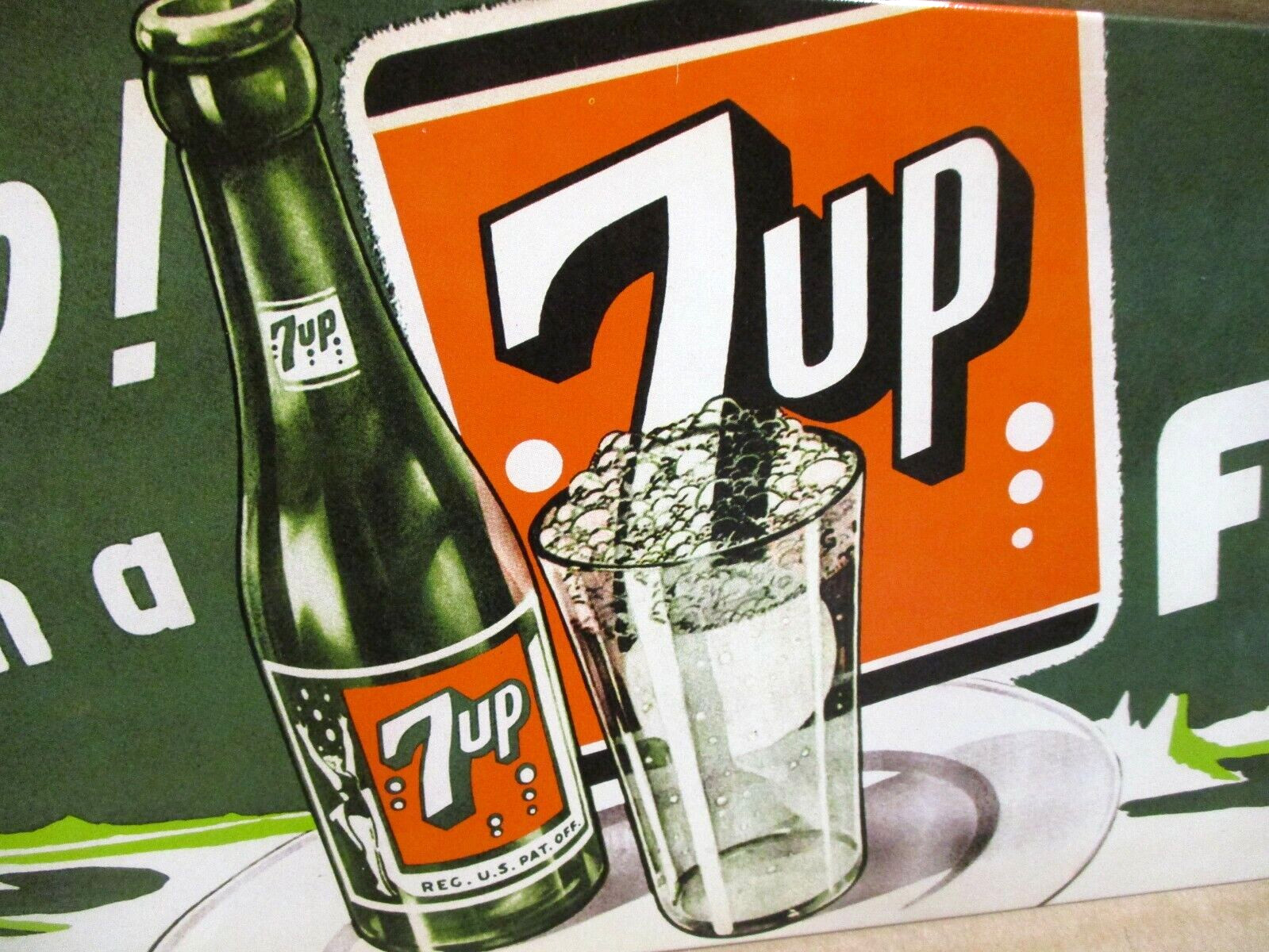7 UP – SEVEN UP FLOAT -Swimsuit Girl Old GLASS BOTTLE – OLD TIN SIGN Date- 2001