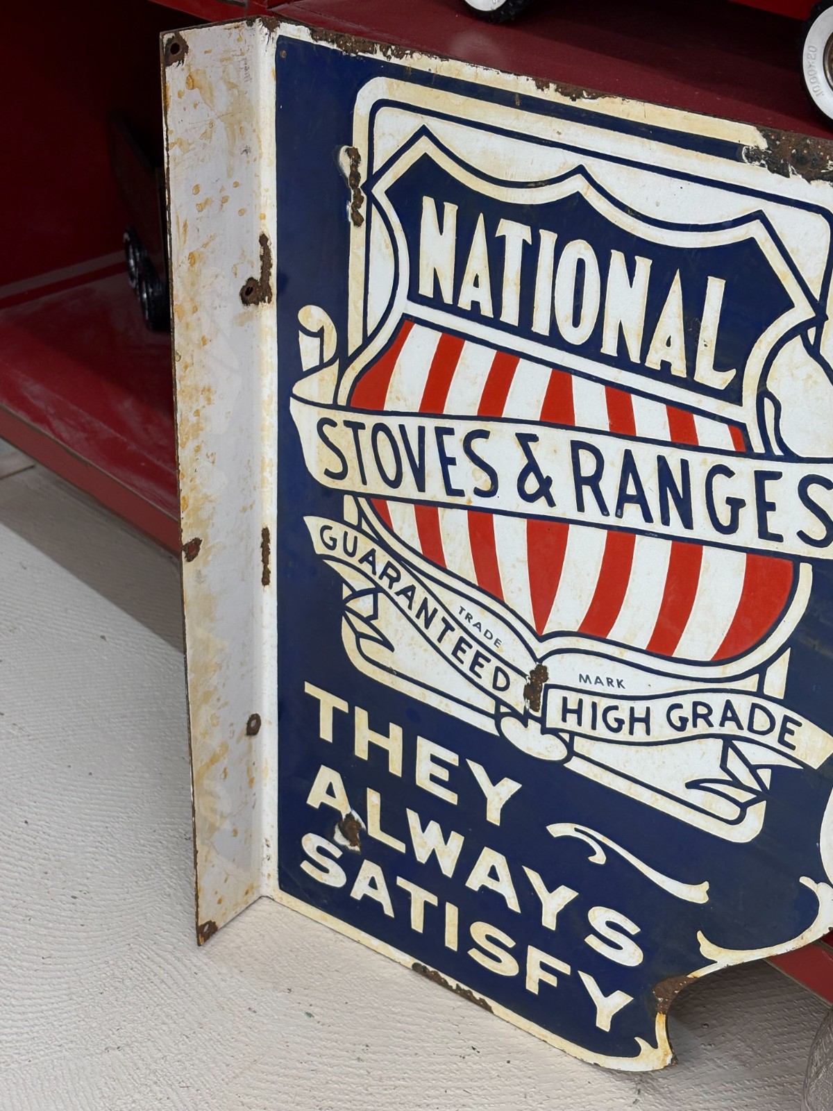 ORIGINAL 1930’s/1940’s (NATIONAL STOVES & RANGES) PORCELAIN FLANGE SIGN, RARE