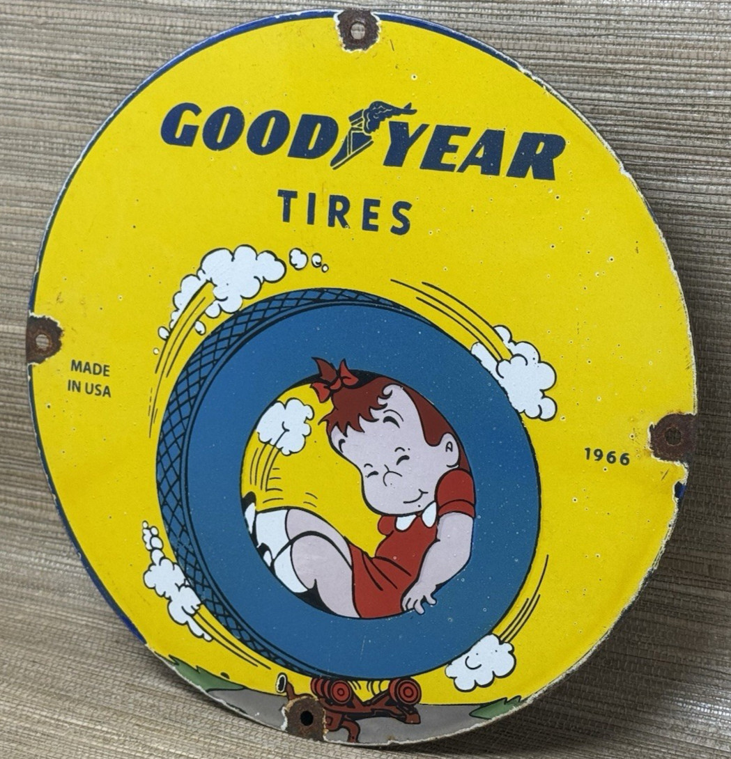 VINTAGE GOODRICH SILVERTOWN TIRES PORCELAIN SIGN GAS OIL DISNEY MICKEY FIRESTONE