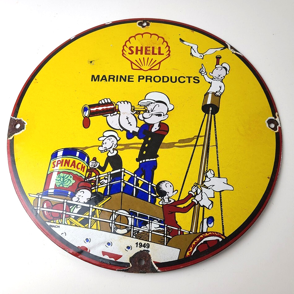 Vintage Shell Gasoline Sign – Use Coupon Code on Porcelain Popeye Gas Sign