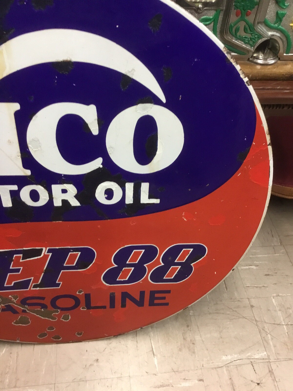 Ultra Rare 1930s 40s Vico Pep88 Gasoline Double Sided Porcelain Sign 42 inches.
