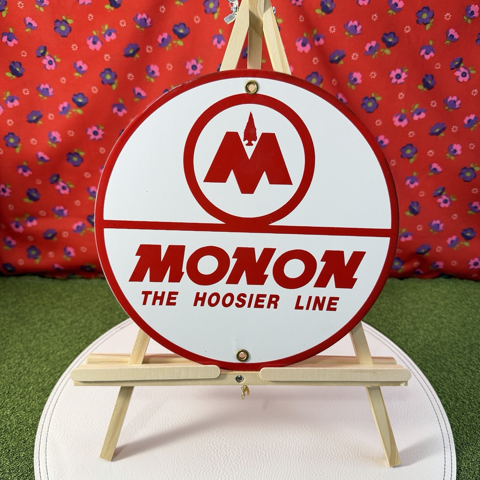 VINTAGE MONON HOOSIER LINE PORCELAIN SIGN GAS OIL FREIGHT TRAIN RAILWAY SYSTEM