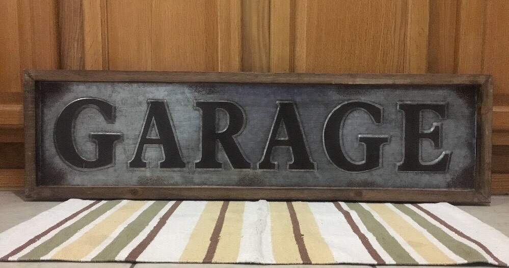Garage Metal Sign Wood Frame Embossed Vintage Style Gas Oil Car Truck Decor