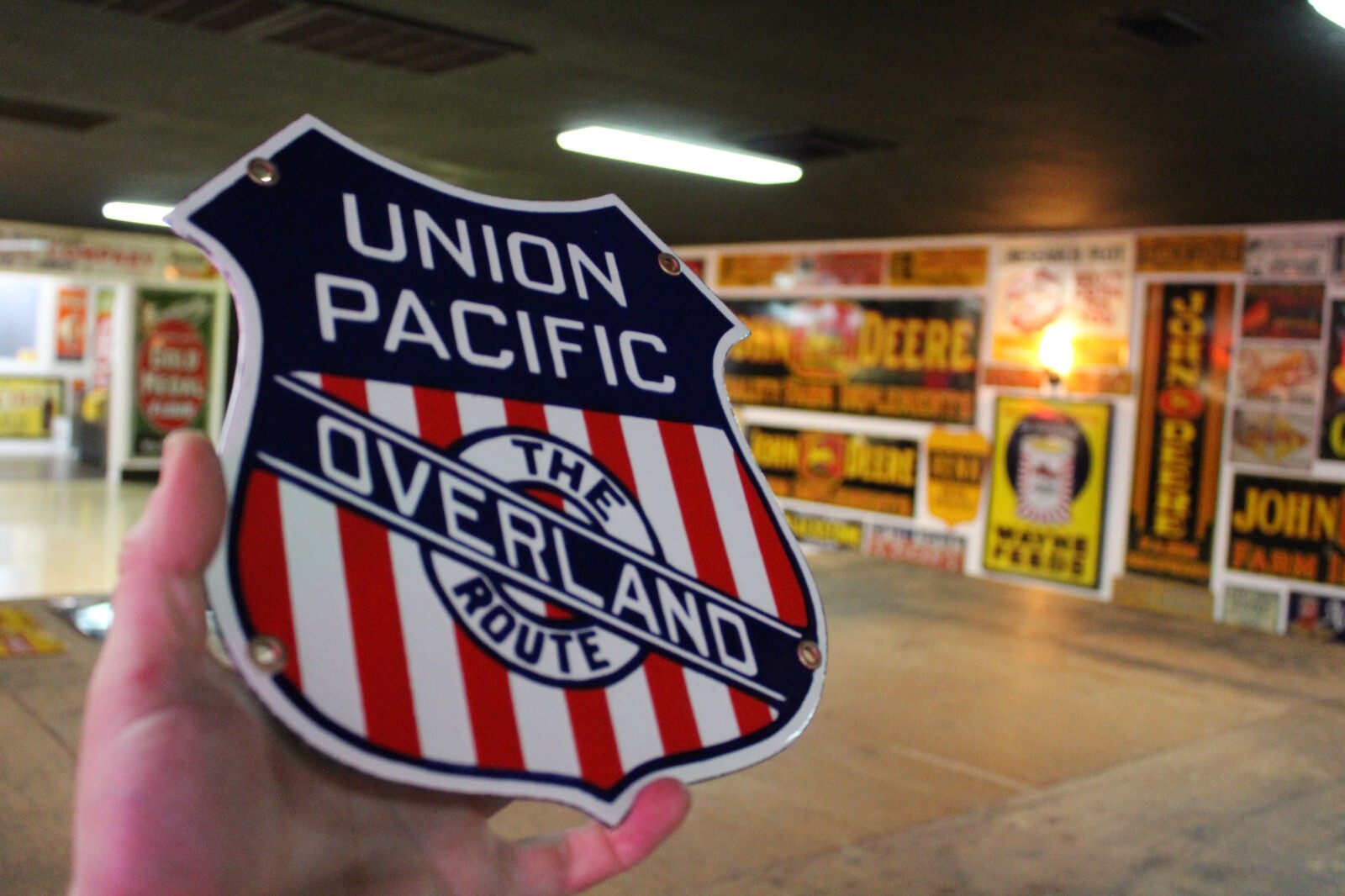 UNION PACIFIC OVERLAND ROUTE PORCEALIN METAL SIGN RAILROAD TRAIN CROSSING GAS 66
