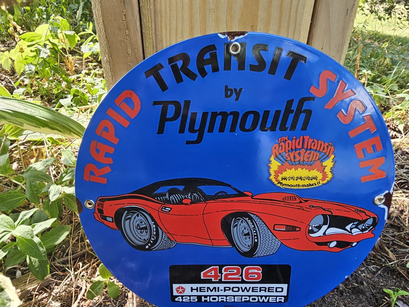 1970 VINTAGE ”PLYMOUTH” 426 HEMI 12 INCH PORCELAIN SIGN PUMP PLATE