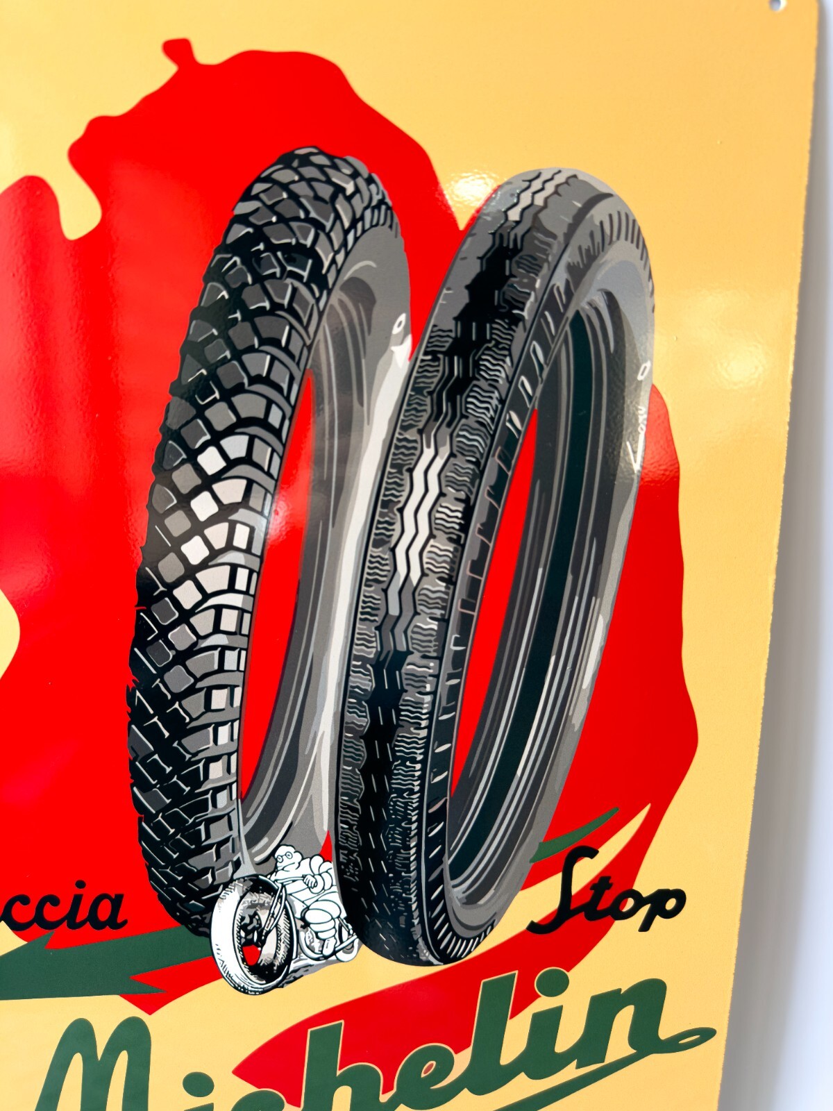Michelin Freccia Stop Motorcycle Italian Bibend Tires Sign – 24″x16″ (60×40 cm)