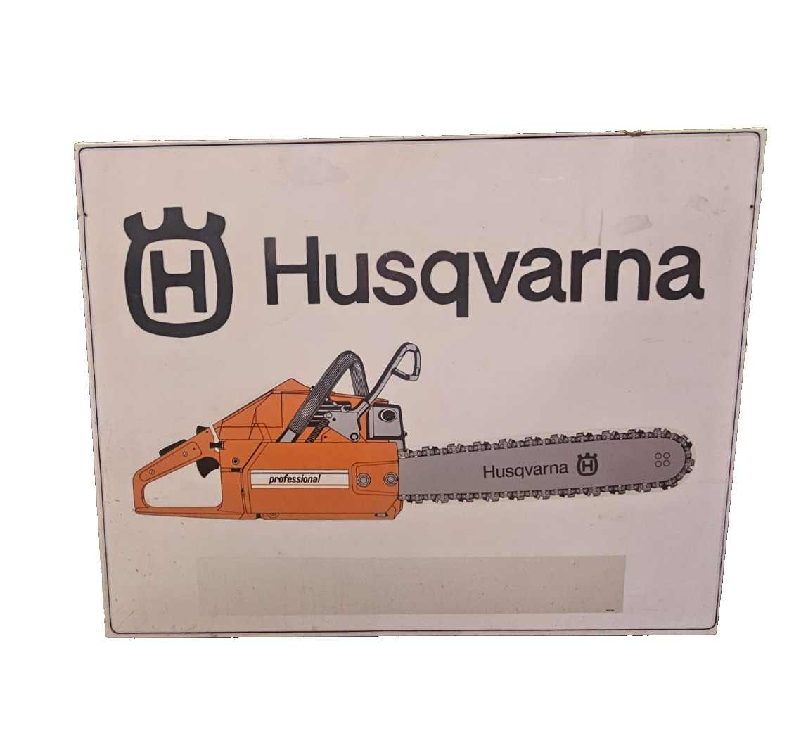 VINTAGE HUSQVARNA DEALER SIGN METAL ORANGE CHAINSAW 58″ ADVERTISING COLLECTIBLE