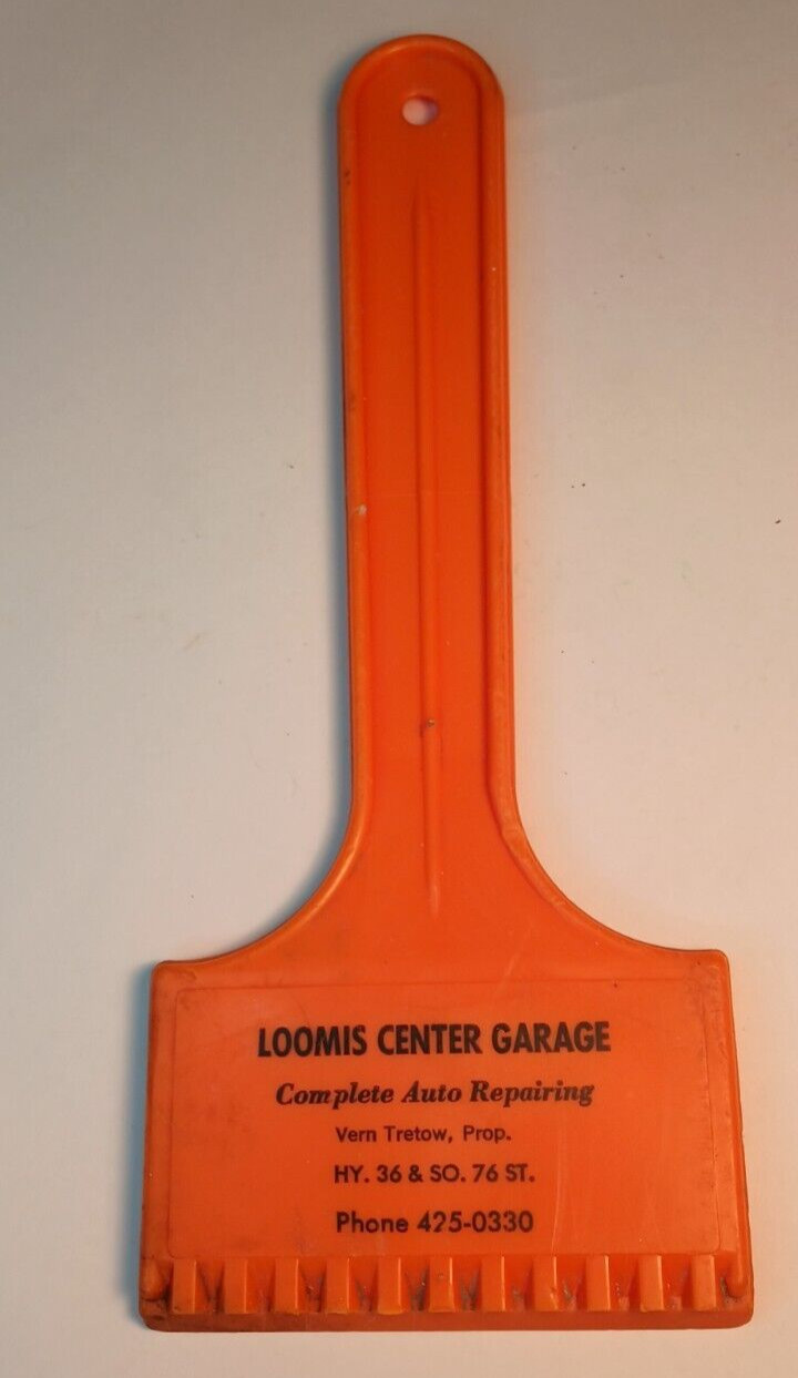 Vtg Auto Repair Advertising Ice Scraper Loomis Center Garage Franklin WI Orange