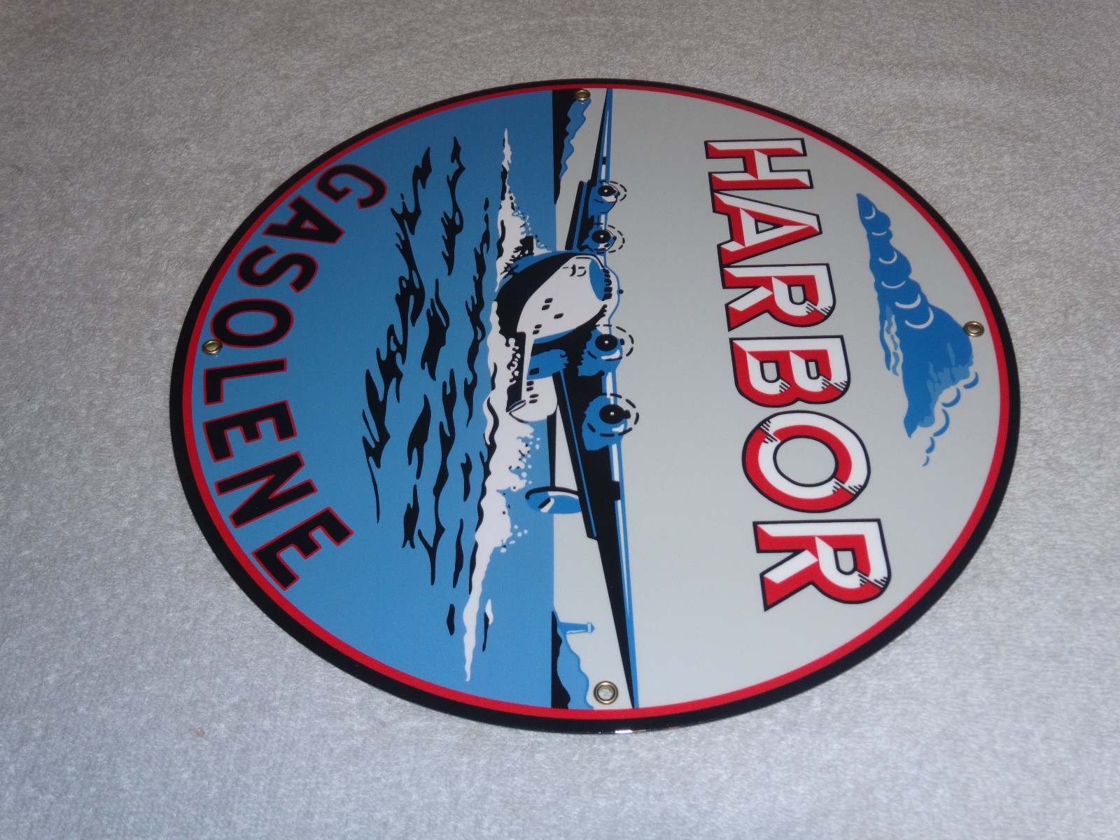 VINTAGE HARBOR GASOLINE AIRPLANE SEAPLANE 11 3/4″ PORCELAIN METAL GAS & OIL SIGN
