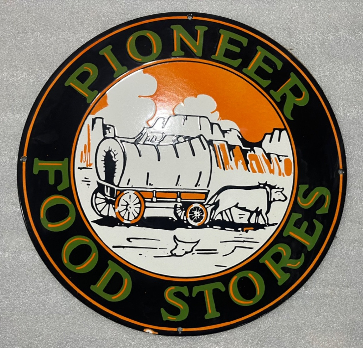 PIONEER FOOD STORES PORCELAIN ENAMEL GAS & OIL SIGN 18″ SSP