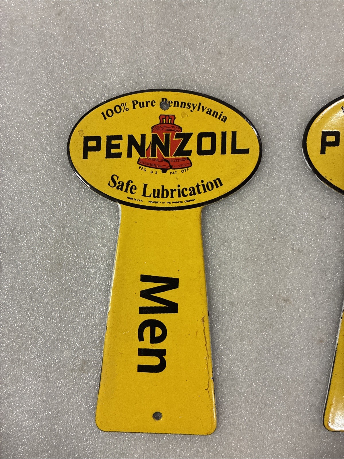 Pennzoil Porcelain Gas Station Sign 6 Inches Pair Restroom Bathroom Key Holder