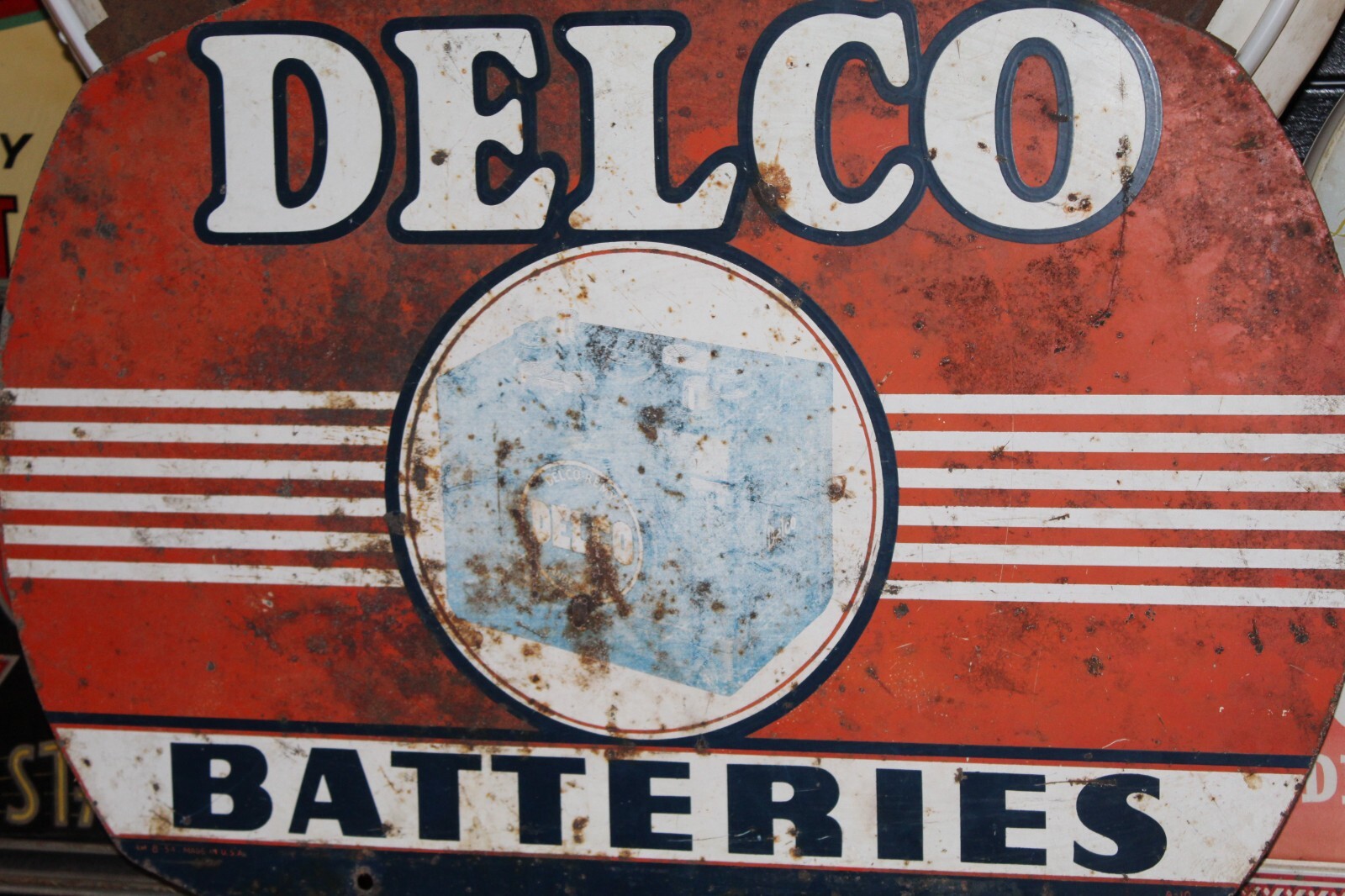 SCARCE 1954 DELCO BATTERIES 2-SIDED PAINTED METAL DEALER SIGN GMC CHEVY GAS OIL