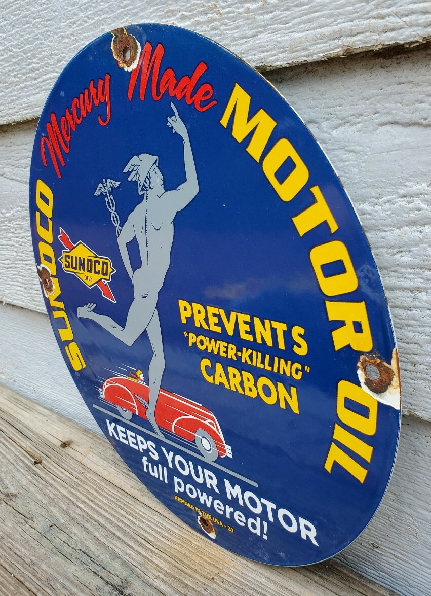 OLD SUNOCO MERCURY MADE MOTOR OIL PORCELAIN ENAMEL GAS PUMP STATION SIGN