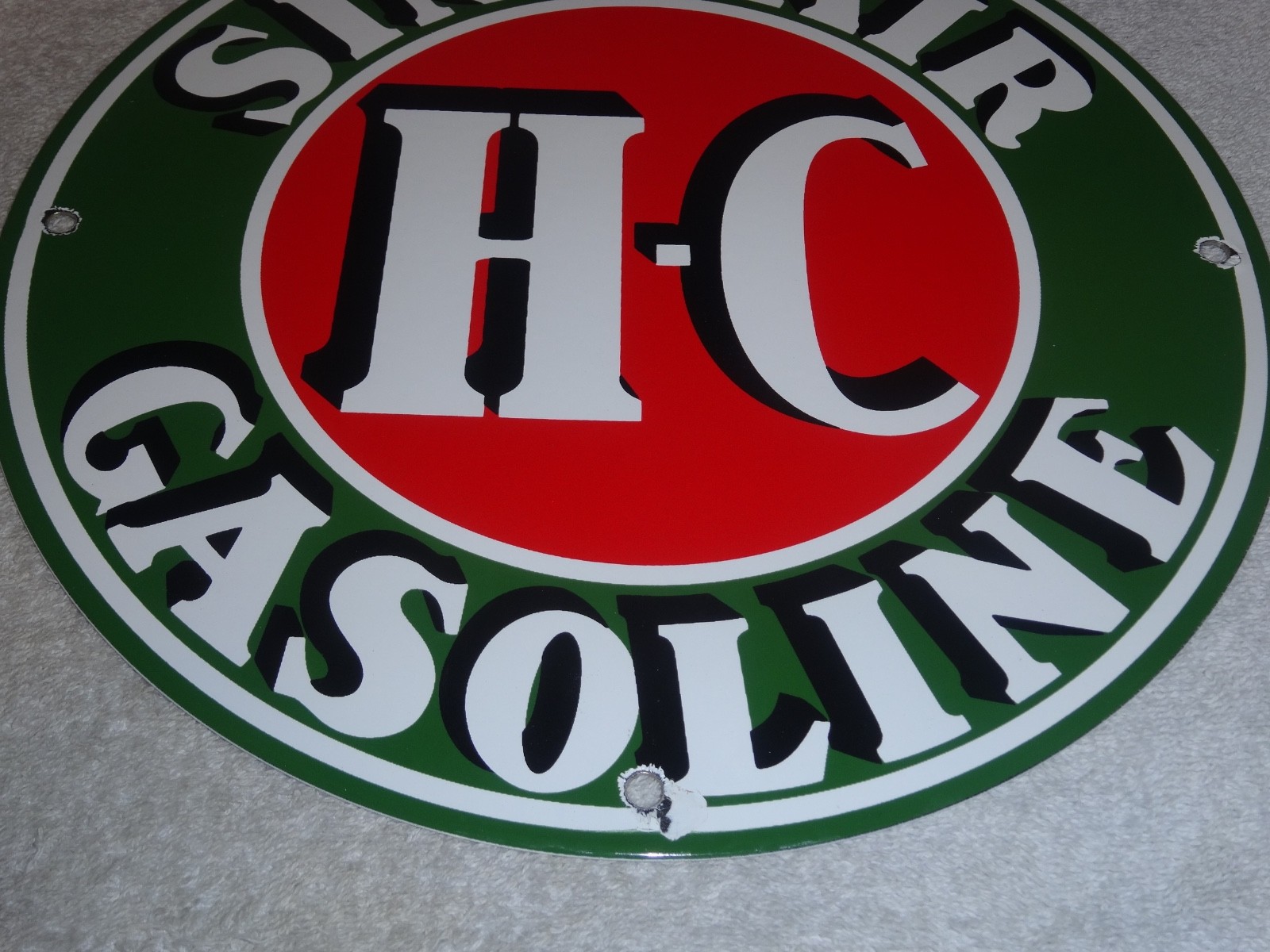 VINTAGE “SINCLAIR HC HIGH COMPRESSION GASOLINE” 12″ PORCELAIN METAL H C OIL SIGN