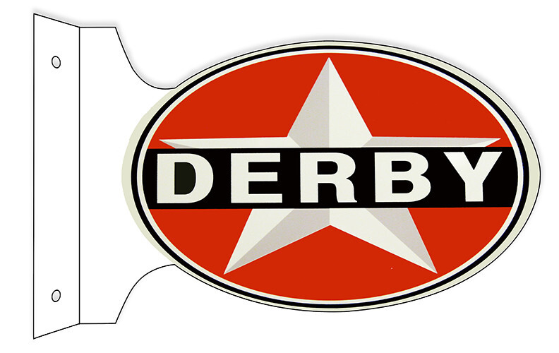 DERBY GASOLINE 18″ HEAVY DUTY USA MADE METAL DOUBLE SIDED GAS ADVERTISING SIGN