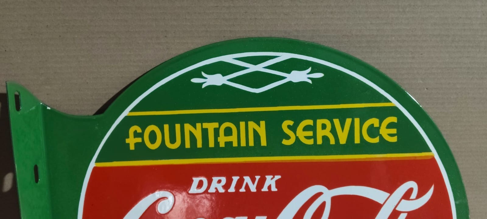Drink Coca Cola Fountain Service Porcelain Enamel Sign 19.5 x 17 Inches 2 Sided