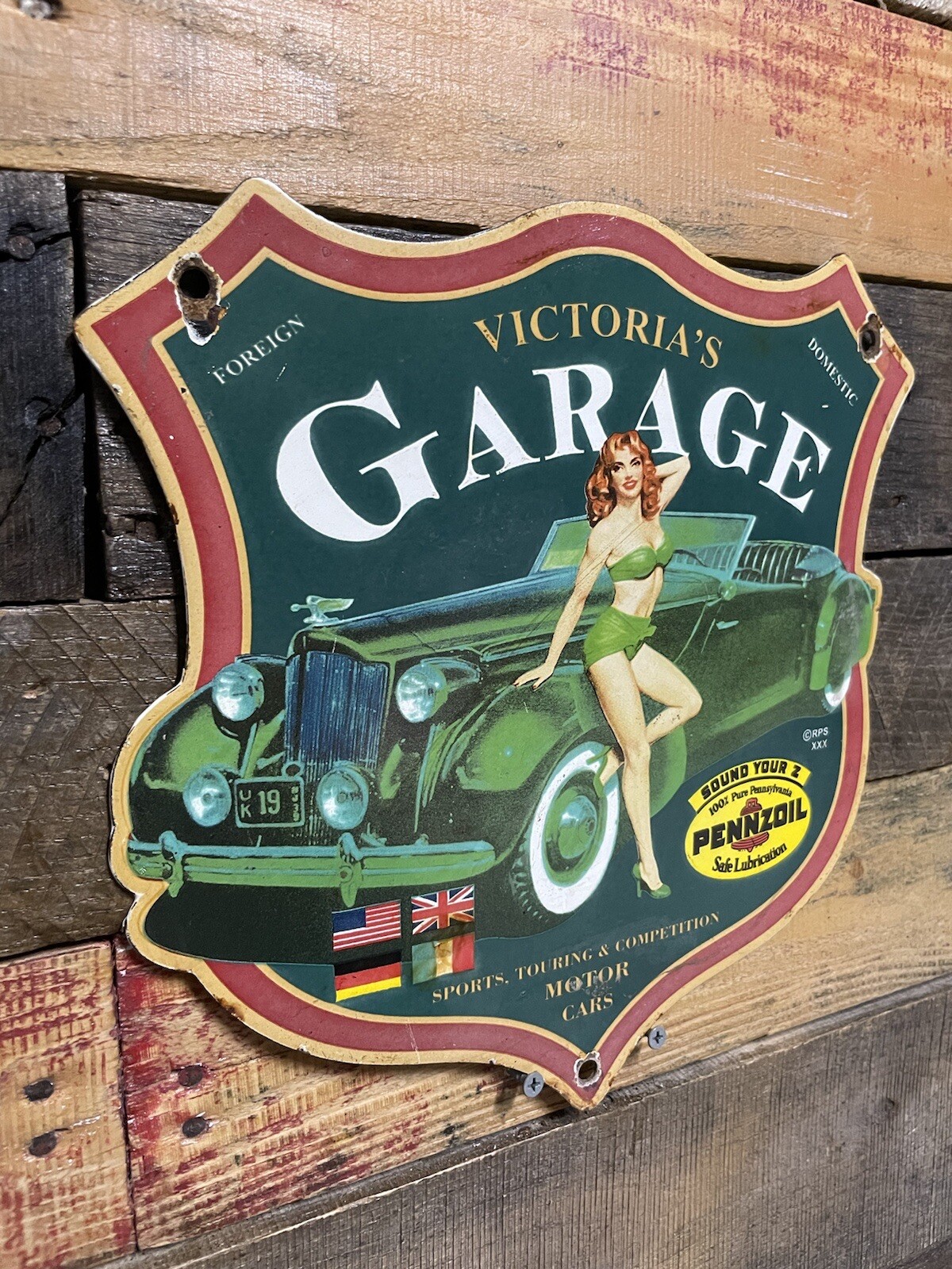 VINTAGE PENNZOIL PORCELAIN SHIELD SIGN VICTORIAS GAS & OIL GARAGE SERVICE WOMAN