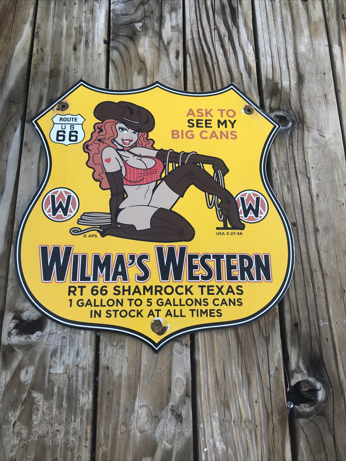 Vintage Route 66 Wilma’s Western Shamrock Texas Oil Can Porcelain Sign