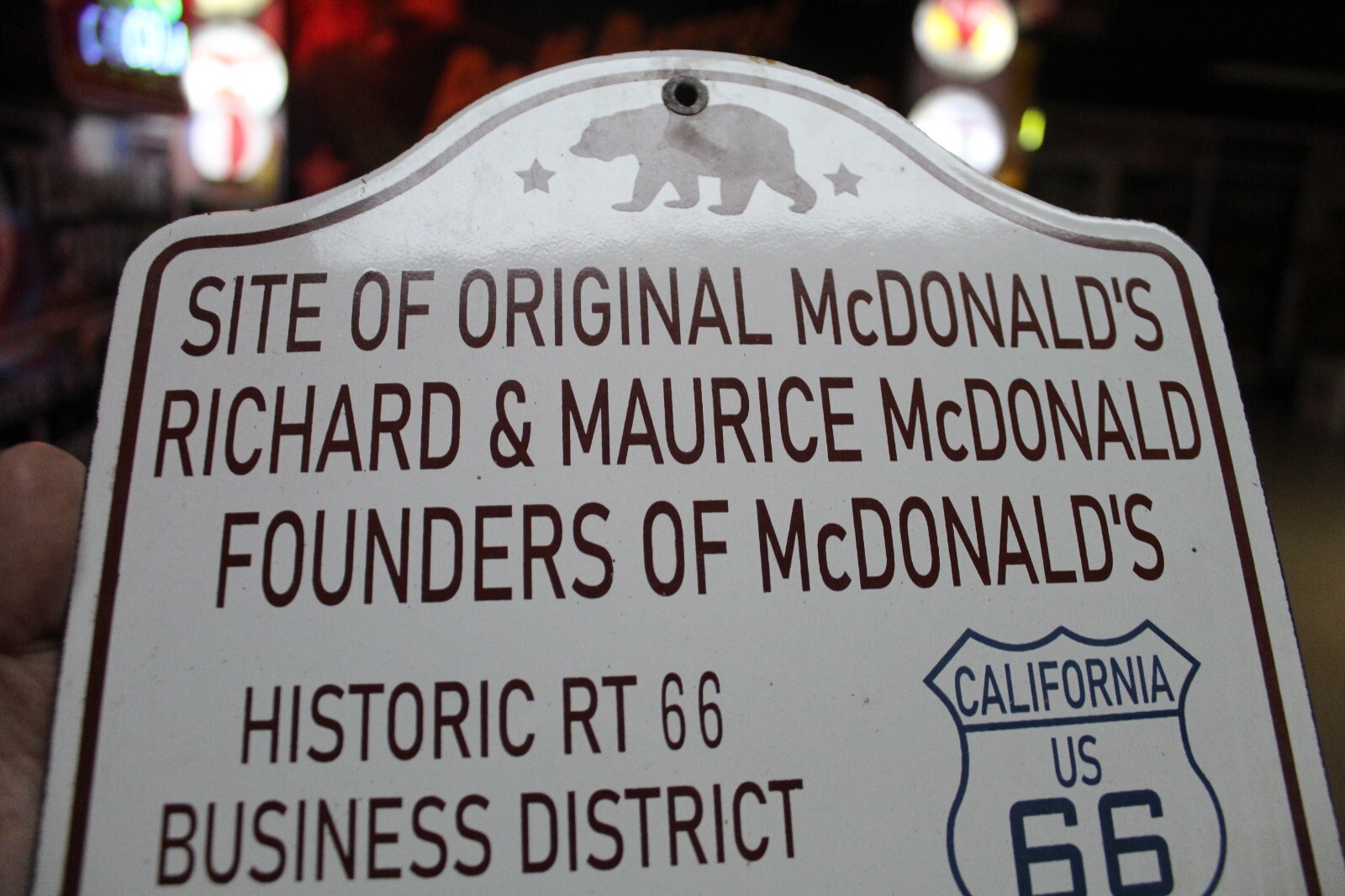 RARE MCDONALD’S CALIFORNIA ROUTE 66 PORCELAIN METAL ROAD SIGN BEAR FAST FOOD GAS
