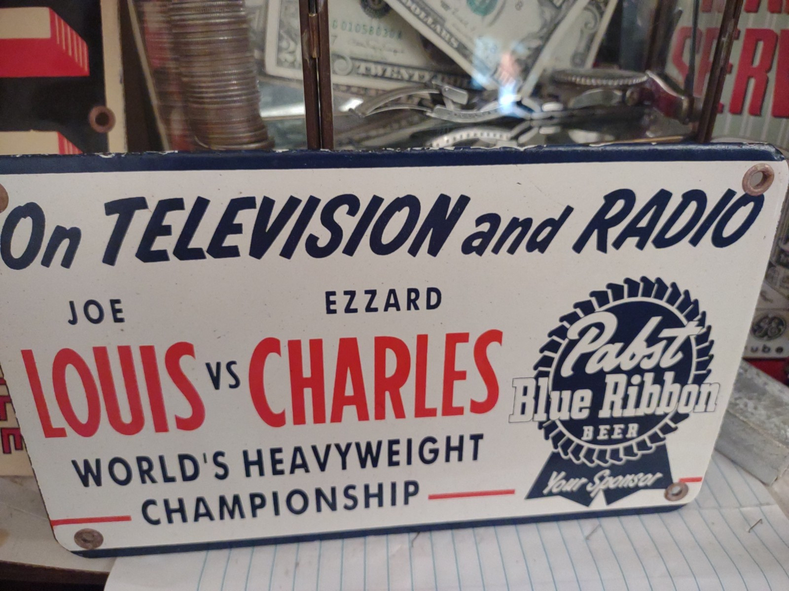 VINTAGE PABST BLUE RIBBON BEER PORCELAIN METAL SIGN OLD BOXING JOE LOUIS
