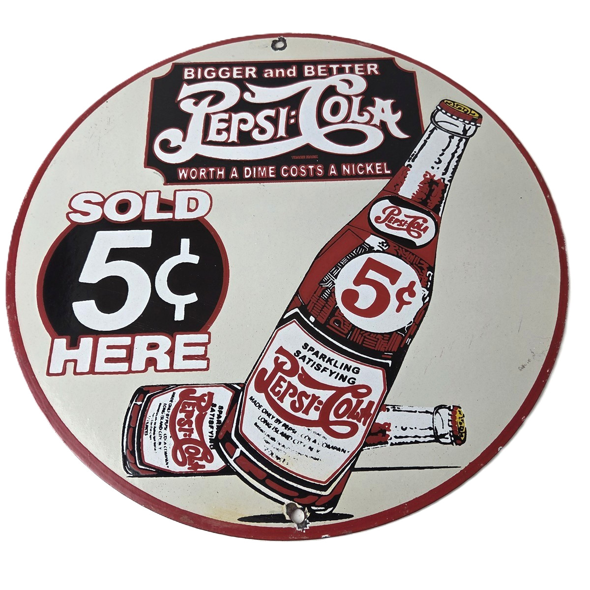 Vintage Pepsi-Cola 5¢ Bottle Porcelain Sign – Worth Dime Nickel Sign