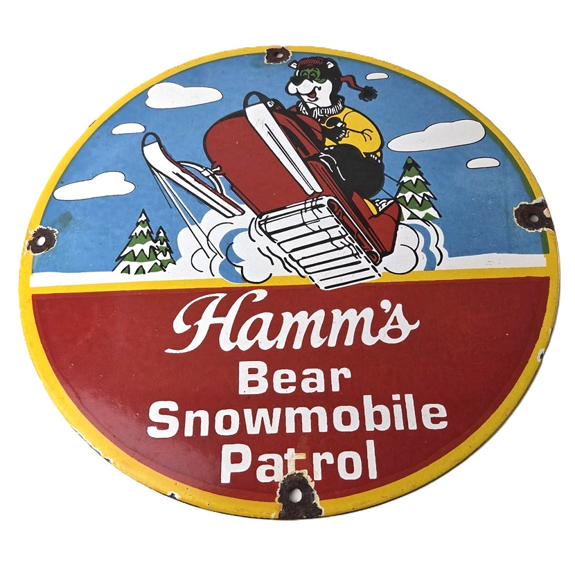 Vintage Hamms Beer Sign – Alcohol Breweriana Bear Patrol Gas Pump Porcelain Sign