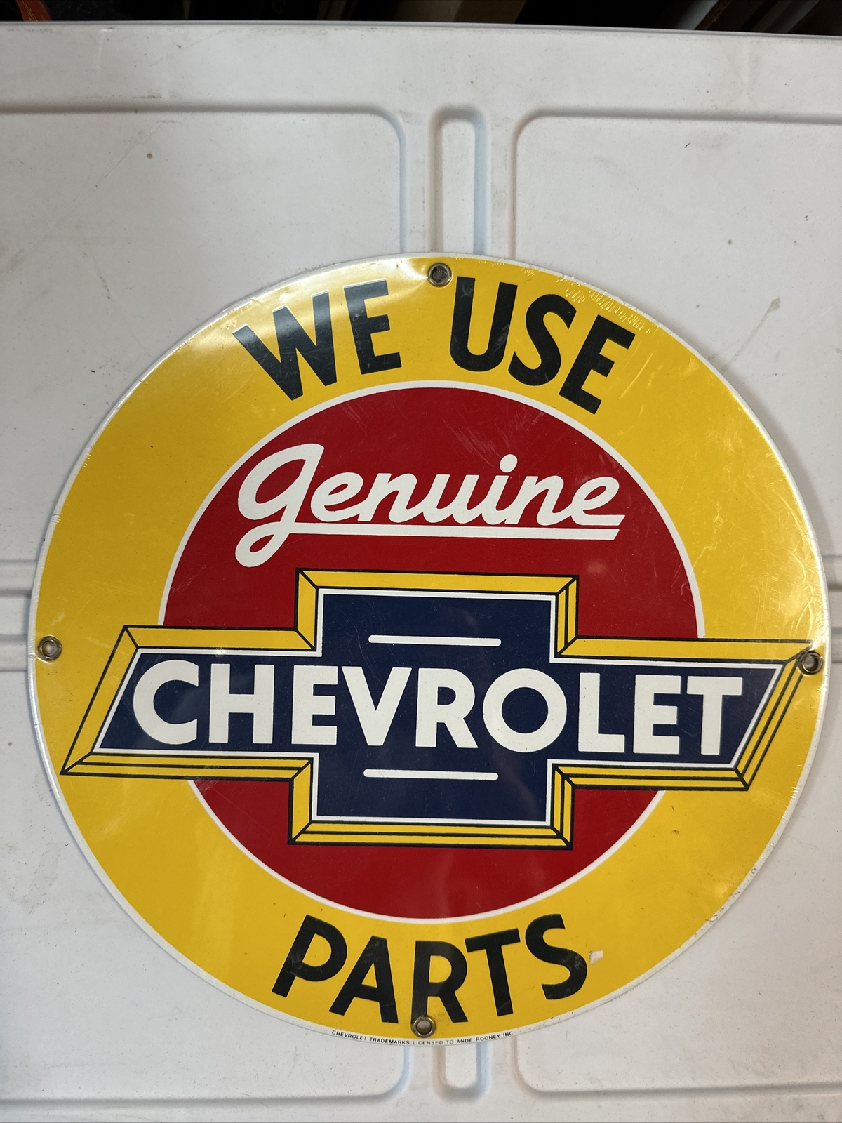 We Use Genuine Parts Chevrolet Service Sign – Ande Rooney Porcelain- 11 1/4″ NIW