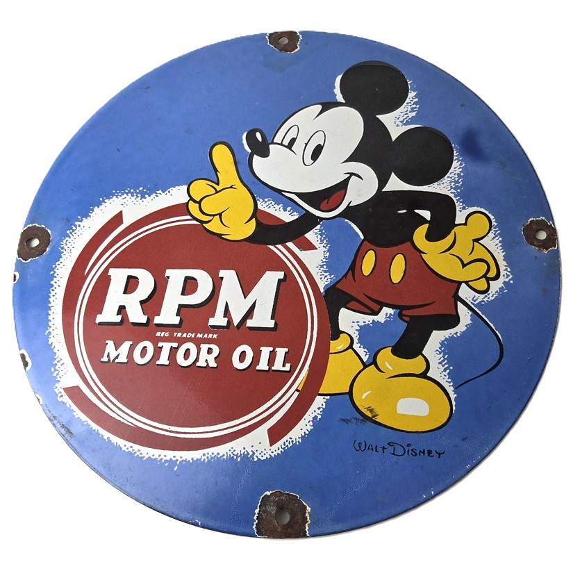 Vintage RPM Motor Oil Sign – Mickey Mouse Gasoline Service Gas Porcelain Sign