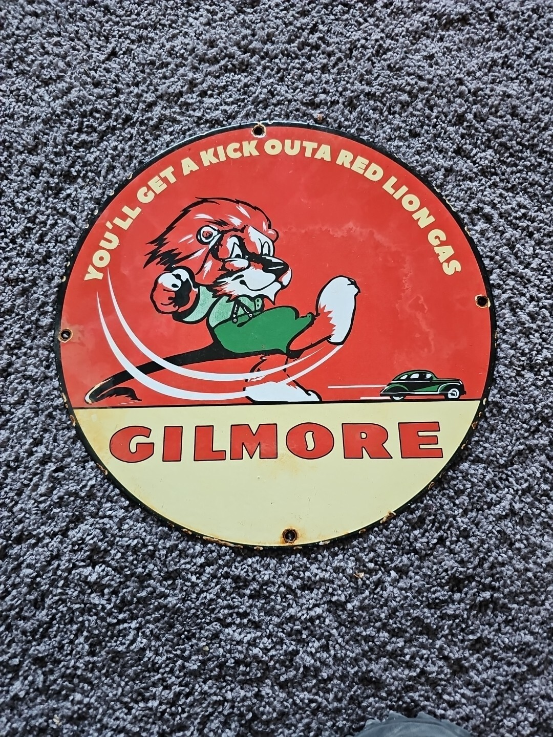 Gas Pump Sign – Vintage Porcelain Gilmore Gasoline Red Lion Service Station Sign