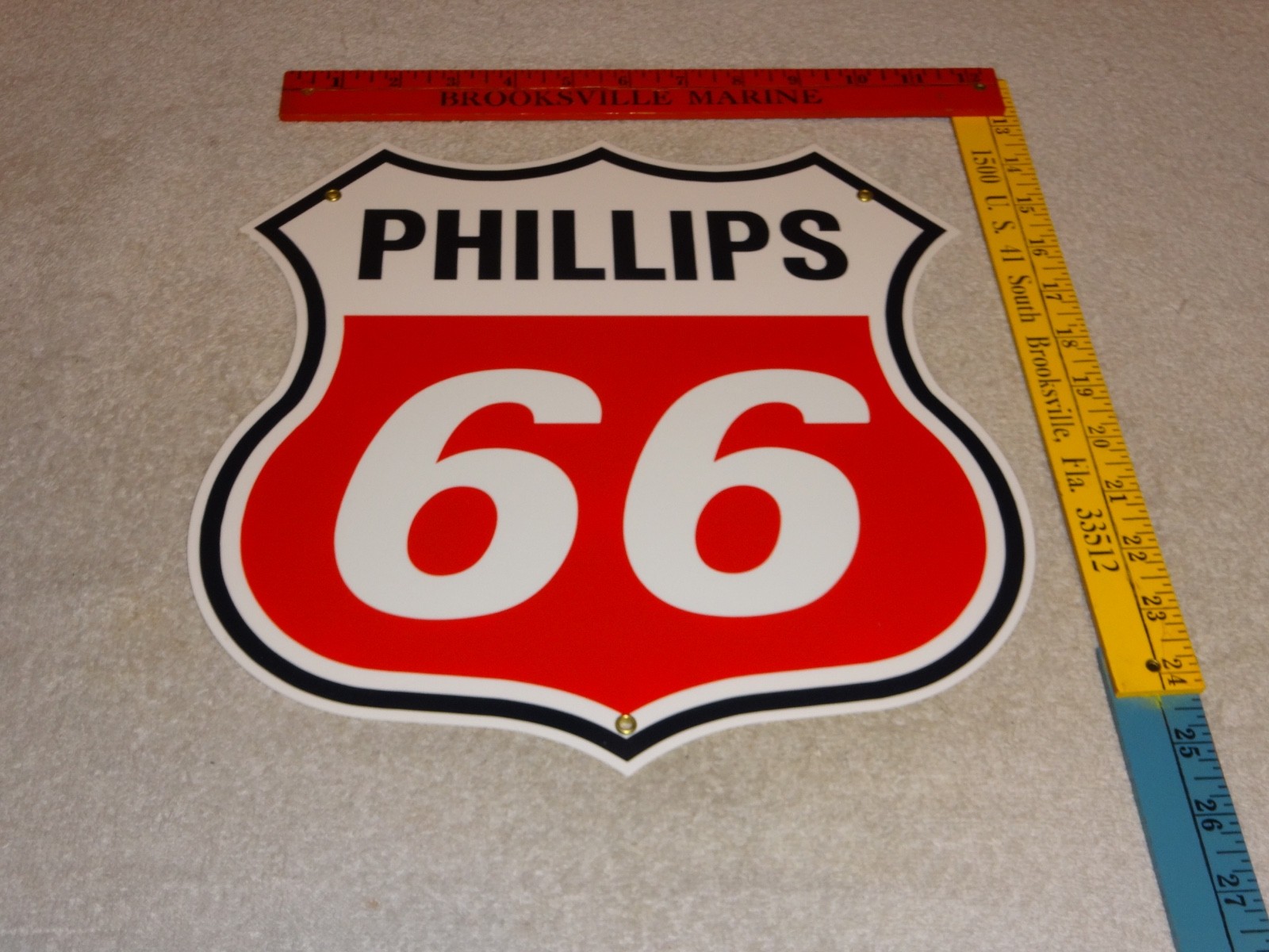 VINTAGE PHILLIPS 66 RED BLACK WHITE 12″ PORCELAIN METAL SHIELD GASOLINE OIL SIGN