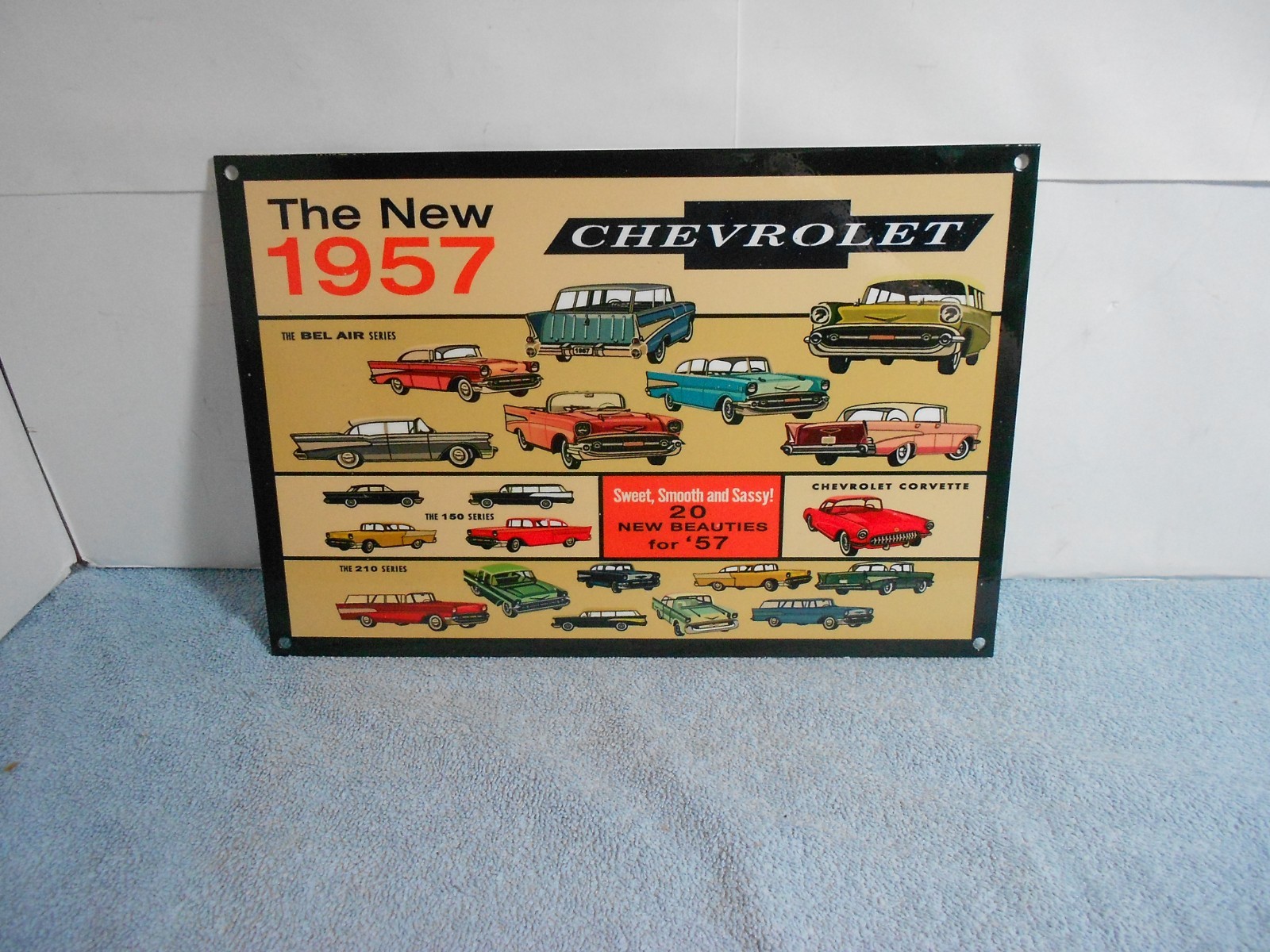 VINTAGE CHEVROLET “NEW BEAUTIFUL 1957 CHEVY’S 12” GAS OIL ADVERTISING SIGN METAL