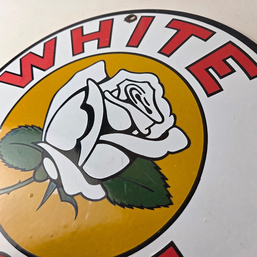 Vintage White Rose Gasoline Sign – Service Station Gas Oil Pump Plate Sign