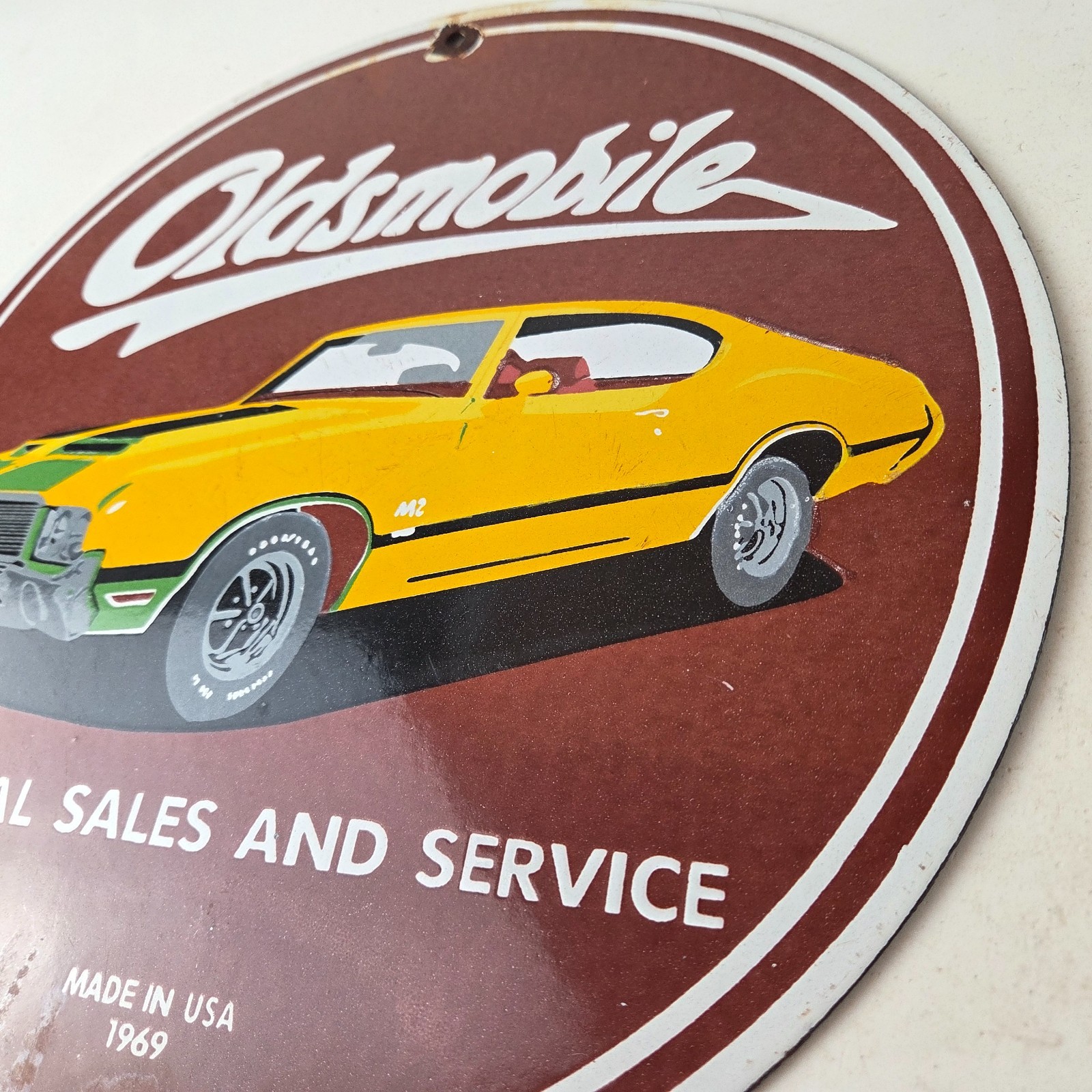 Vintage Oldsmobile General Sales Sign – Gas Pump Automobiles Porcelain Sign