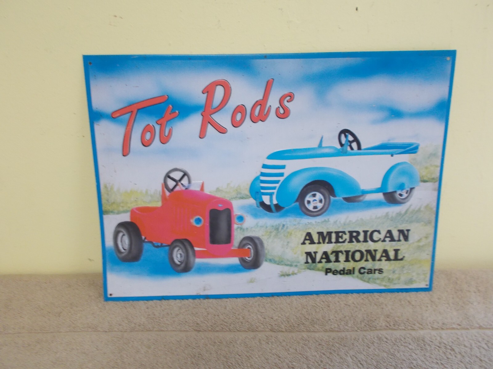VINTAGE AMERICAN NATIONAL PEDAL CAR ADVERT METAL SIGN TOT ROD HOT EMBOSSED