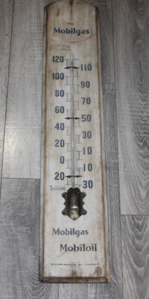Antique Mobiloil Mobilgas Wood Thermometer 7″x36″ (socony-vacuum oil co.)