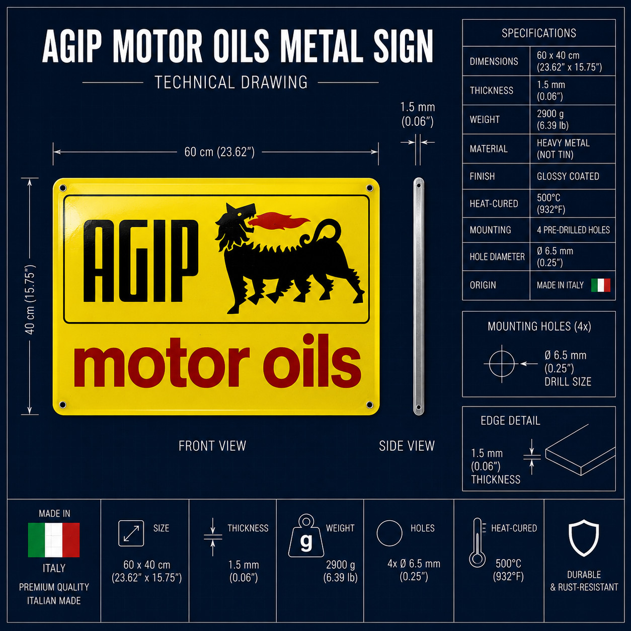 Agip Motor Oils Vintage Heavy Metal Sign – 60×40 cm (15.7” × 23.6”)