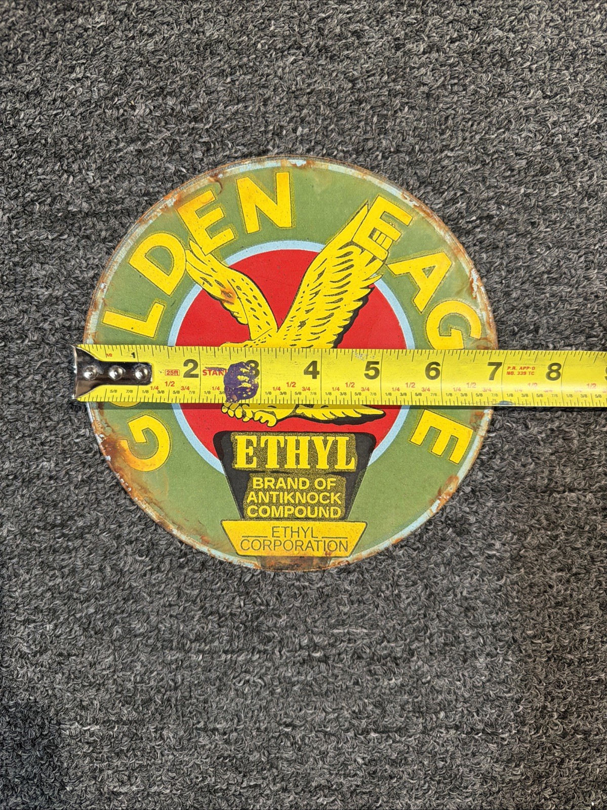 Golden Eagle Ethyl : Vintage Enamel Sign 7 Inch Diameter Americana Original