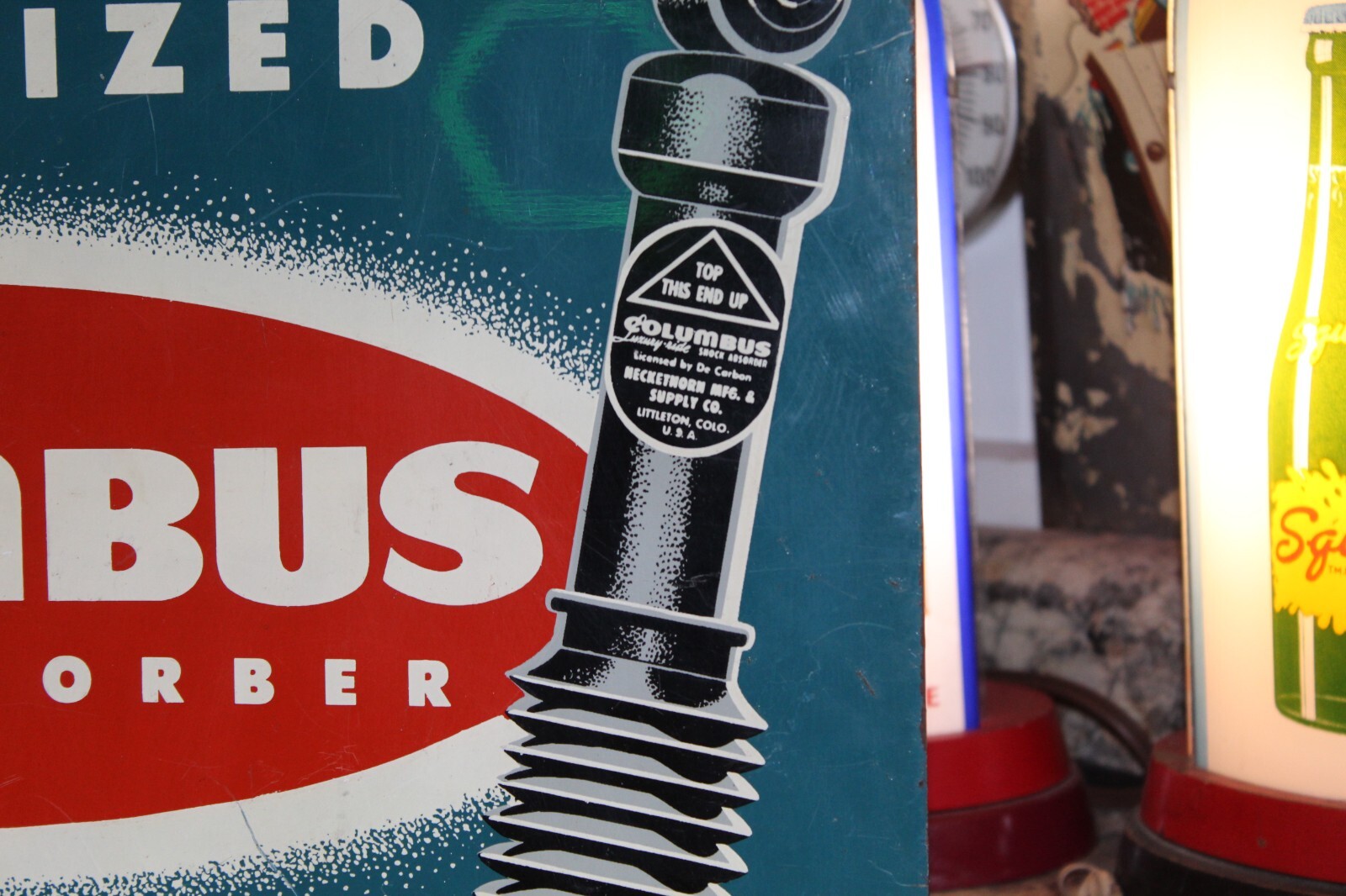 SCARCE 1950s COLUMBUS SHOCK ABSORBER DEALER 2 SIDED PAINTED METAL FLANGE SIGN 66