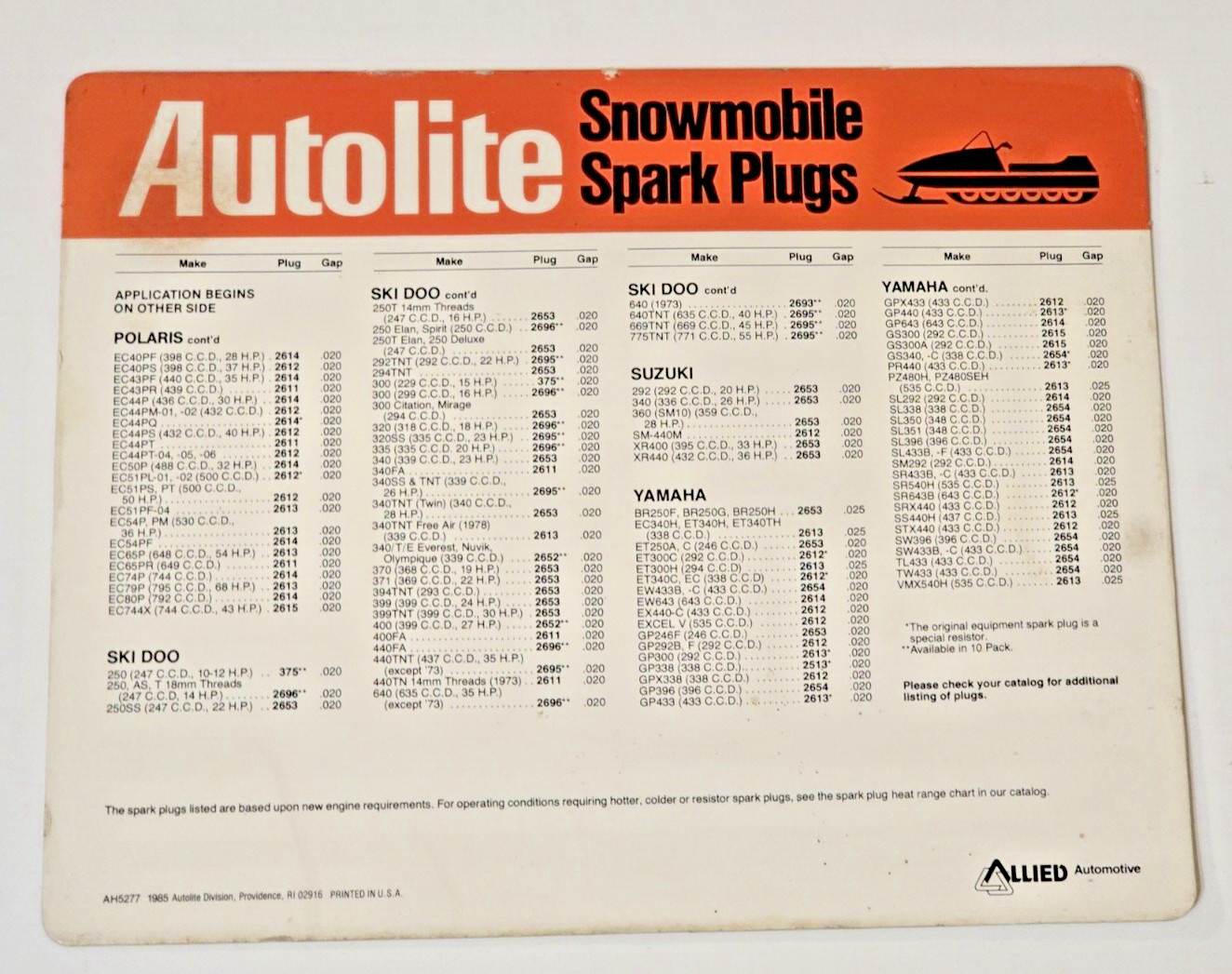 Vintage Rare Snowmobile Autolite Spark Plugs Tune Up Chart Two Sided 11″ x 8.5″