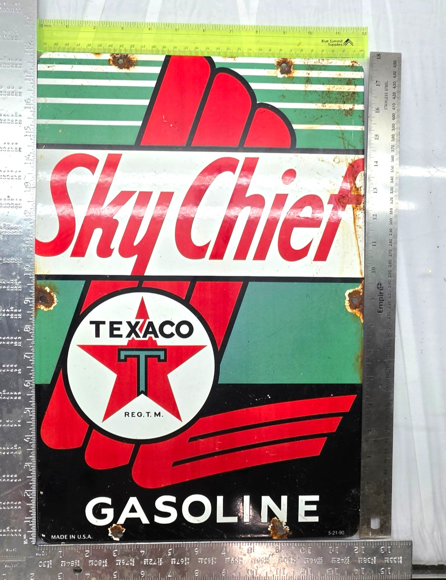 TEXACO SKY CHIEF 18″ GENUINE VINTAGE FLT Gas Pump Service Station Porcelain Sign